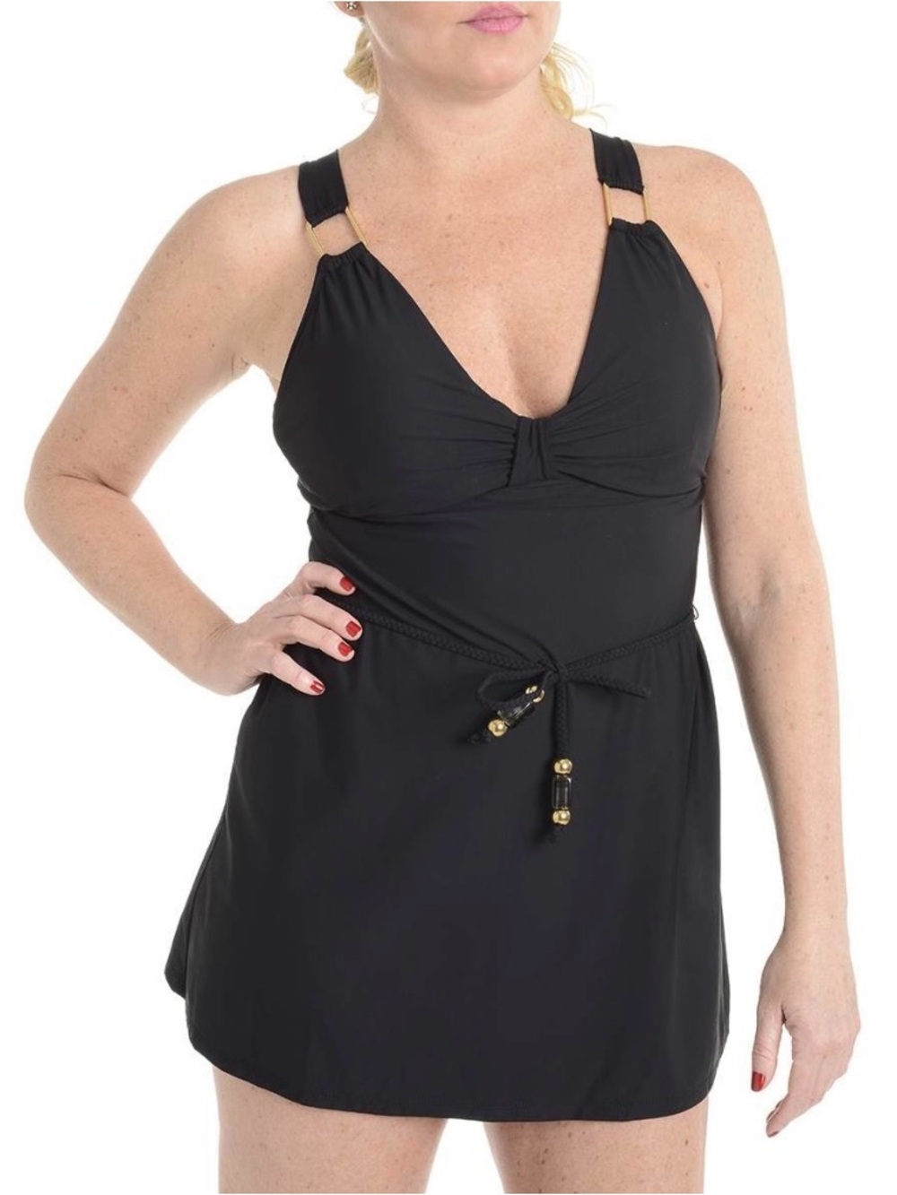 Spanx One Piece Swim Suit Black V-Neck Swimdress with Gold Accent size 12